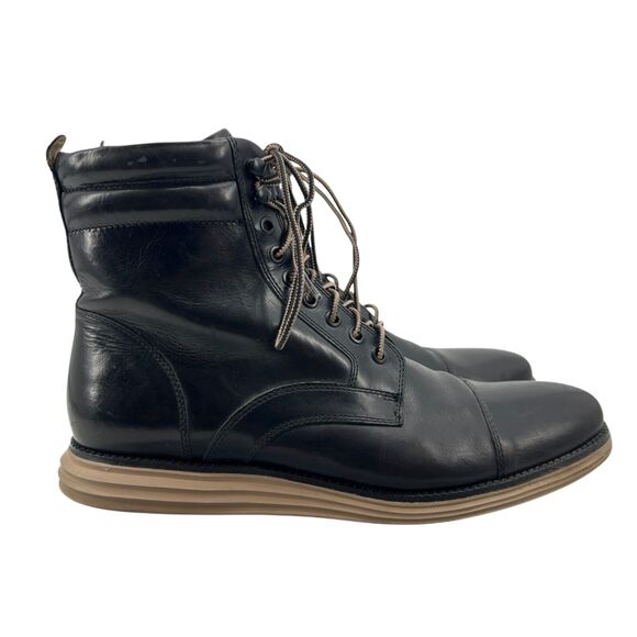 Cole Haan Mens 11 Boots Black Leather LunarGrand Lace Up Combat Cap Toe C13661 - Picture 1 of 12